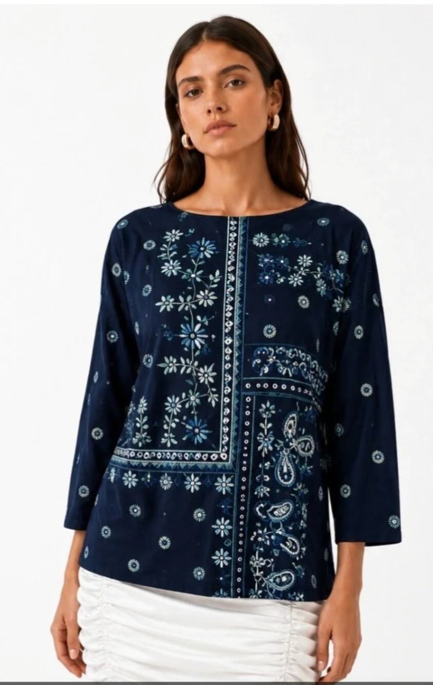 5840) J Jill Plus 2X Blue Patchwork Embroidery Peasant Cotton Tencel Blouse